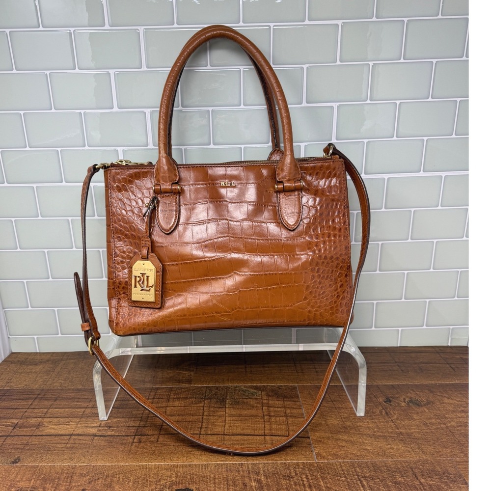 LAUREN Ralph Lauren Cognac Croc Embossed Leather Satchel Crossbody Bag
